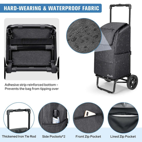 Close-up view of black ✝️ 2 in 1 Shopping Carts for Groceries, 330 lbs Grocery Cart with waterproof fabric and pockets, foldable design.