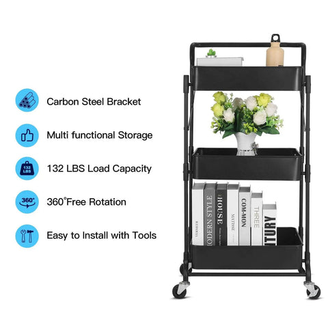Front view of Foldable 3 Tier Metal Utility Rolling Cart With Locking Folding Design For Easy Storage And Mobility The Workhorse Trolley Organizer For Home Office Library Black with books and decor