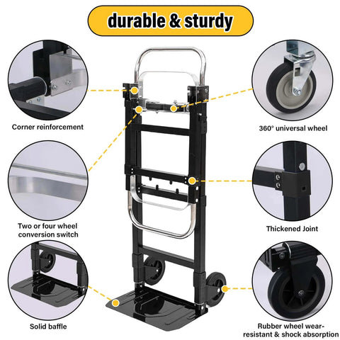 Diagram of ✝️ Upgraded 3 in 1 Folding Hand Truck, 600lbs Capacity, details of handle, rubber wheels, conversion switch, corner reinforcement.