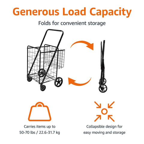 Foldable Collapsible Shopping Cart With 360 Degree Wheels To Haul Groceries And More, Extra Large Capacity, Dual Basket Design