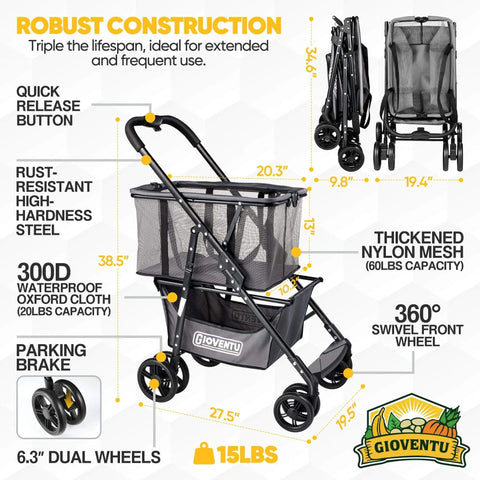 Front view of Upgraded 36 Gallon Folding Shopping Cart With Wheels For Groceries And More, 80lb Capacity, No Fuss Fold, Black