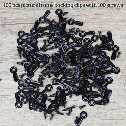 Picture Frame Turn Button Fasteners Set With 100 Backing Clips And 100 Screws For Hanging Pictures Photos And Drawings Black Finish