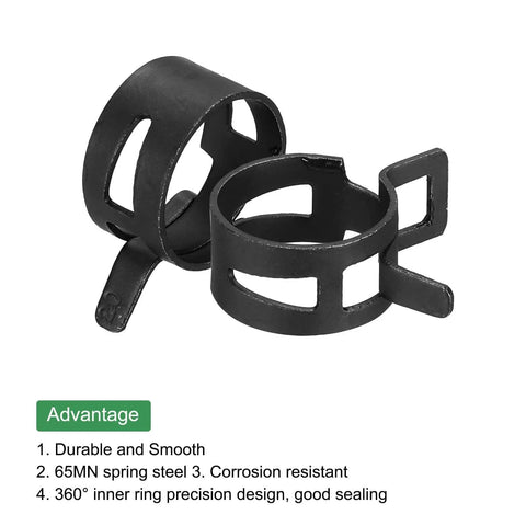 10 Pcs Fuel Line Clamps Spring Band Hose Clamps Half Inch 20mm Silicone Air Tube Vacuum Hose Water Pipe Low Pressure Assortment Kit Black Zinc Plated For Automotive Fuel Lines Water Systems Air Hoses Vacuum Pipes And Silicone Hoses, showing two black spring band clamps made of durable 65MN steel with 360° sealing design.