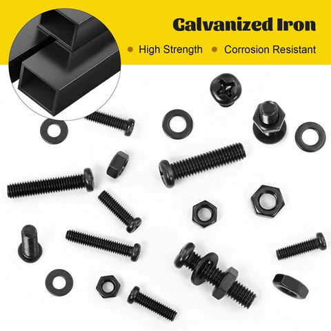 225 Pcs Screws and Nuts Assortment Kit with M4 M5 M6 Phillips Pan Head Bolts Matching Nuts and Washers Black Finish organized on surface.