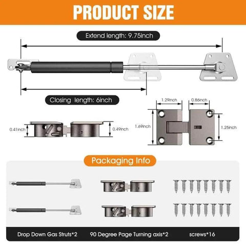Drop Down Gas Struts,Gas Spring Hinge dimensions and packaging info for Cabinet and Desk Downward Flap, Black-2PCS