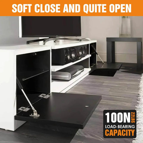 Drop Down Gas Struts,Gas Spring Hinge,for Cabinet and Desk Downward Flap Slowly Down,with 90 Degree Page Turning Axis,Only Open Down The Door (Black-2PCS) installed in TV stand