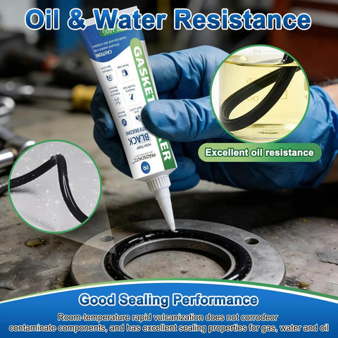 Application of High Temperature Black Gasket Maker Sealant For Automotive, Marine And Industrial Uses, Oil Resistant, Waterproof RTV Silicone in 100g tube on metal surface.