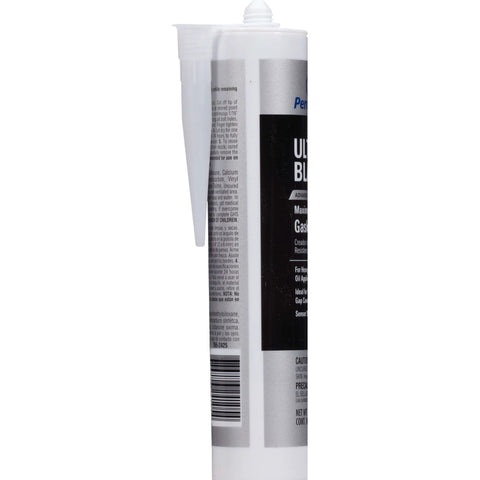 Side view of Ultra Black Maximum Oil Resistant RTV Silicone Gasket Maker for valve covers and oil pans, 10 oz tube in packaging.