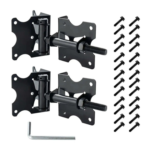 Heavy Duty Self Closing Gate Hinges For Vinyl And Wood Fences, 90 Degree Adjustable With Swing Tool, Black Iron Powder Coat, 2 Pack Includes Screws And Adjustment Tool, Fits Gates Up To 100 Inches Wide And 100 Pounds