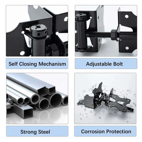 Heavy Duty Self Closing Gate Hinges For Vinyl And Wood Fences, 90 Degree Adjustable With Swing Tool, Strong Steel, Black Iron