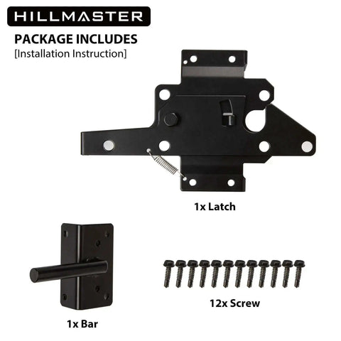 Package contents of Beefy Heavy Duty Self Locking Gate Latch For Wooden Fence Post Mount Automatic Gate Lock include latch, bar, and screws.