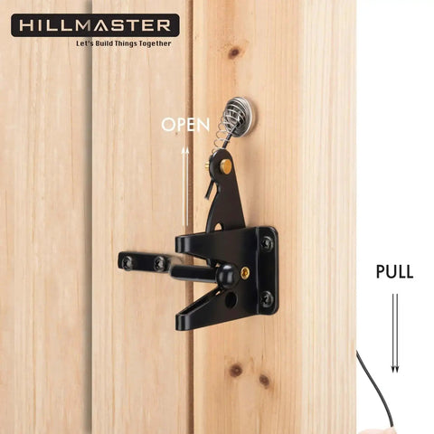 Self Locking Gate Latch For Wooden Fences, Heavy Duty Gravity Lever With Steel Spring And Cable Pull, installed on wooden gate
