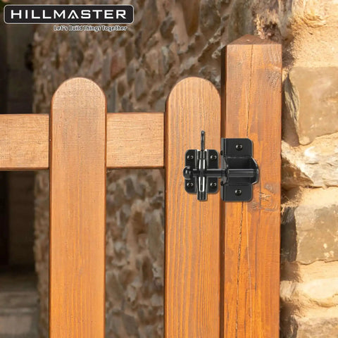 Self Locking Gravity Gate Latch for wood fences and metal gates, black powder coat finish, installed on a wooden gate