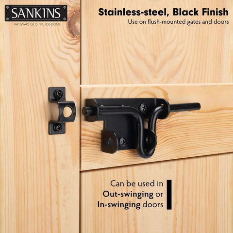 Heavy Duty Black Slide Bolt Gate Latch For Wooden Fences And Vinyl Gates With Padlock Hole installed on wooden door