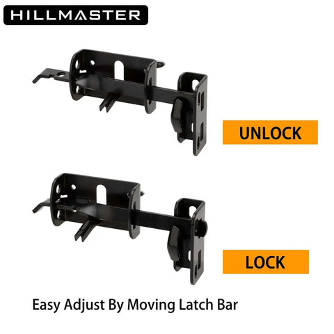 Self Locking Gate Latch Built Tough For Wooden Fences And Gates With 9 Inch Gate Handle, shown in unlocked and locked position.
