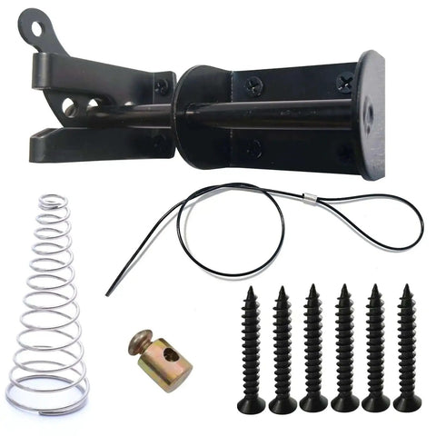 Self Locking Gate Latch For Outdoor Fences In Black Steel With Automatic Gravity Lever Lock Included Fasteners Spring And Cable Pull String