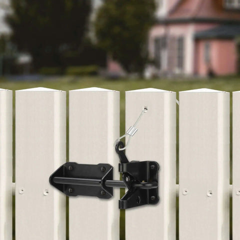 Close-up of heavy duty gate latch with gravity lever self locking wire operated release on white vinyl fence