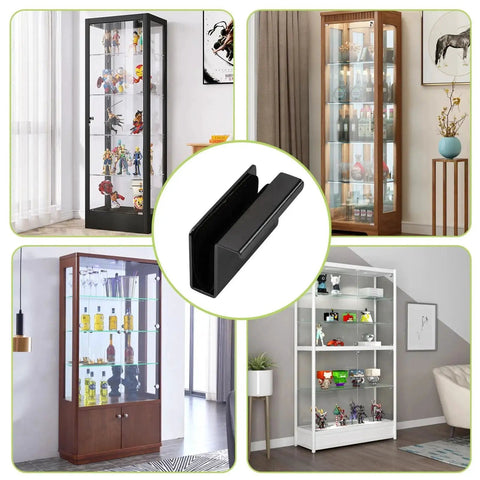 Glass Finger Edge Pull Set Four Pieces Non Magnetic For 5 To 6mm Thick Glass Cabinets in black, shown with various display cabinets