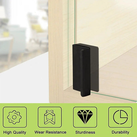 Glass Finger Edge Pull Set Four Pieces Non Magnetic For 5 To 6mm Thick Glass Cabinets showing black concealed handle on door.
