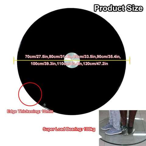 Heavy Duty Black Glass Lazy Susan Turntable with size dimensions and load bearing capacity details.