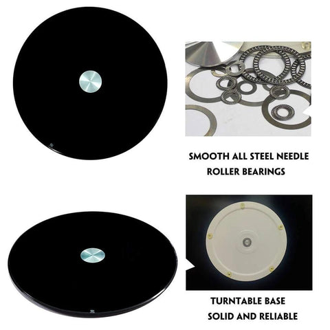 Heavy Duty Black Glass Lazy Susan Turntable with silent bearings, smooth rotating serving tray, sturdy base, perfect for tables.