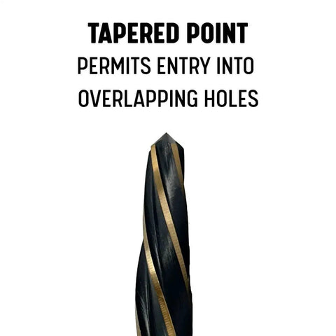 Tapered point of bridge reamer, black and gold finish, 5/8 inch diameter, for quick hole alignment in tight spots.