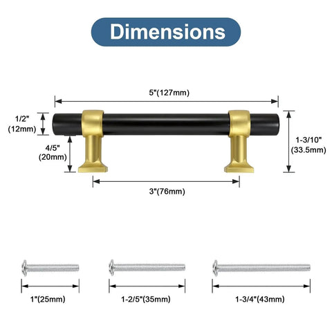10 Pack 3 Inch Black And Gold Cabinet Pulls For Kitchen Cupboards, Bathrooms And Dressers with dimension details.