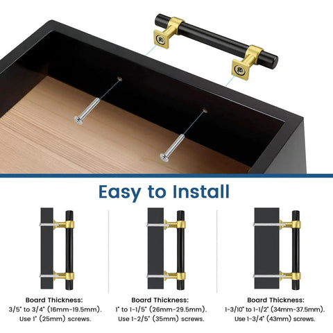 Installation guide for 10 Pack 3 Inch Black And Gold Cabinet Pulls for kitchen cupboards, bathrooms, and dressers with screws.
