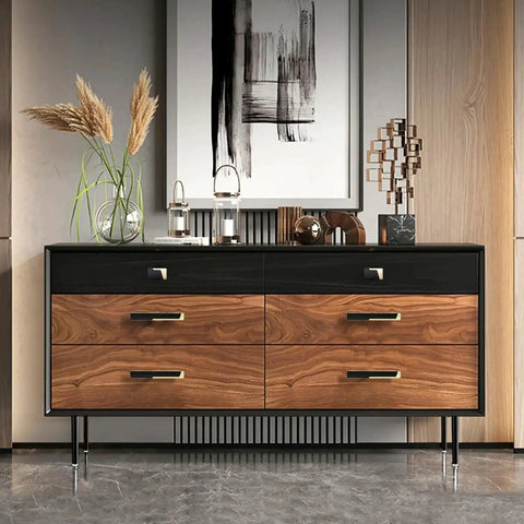 Modern dresser with Six Pack Black and Gold Drawer Knobs 1.5 Inch Solid Zinc Cabinet Knobs for Cabinets Dressers and Closets