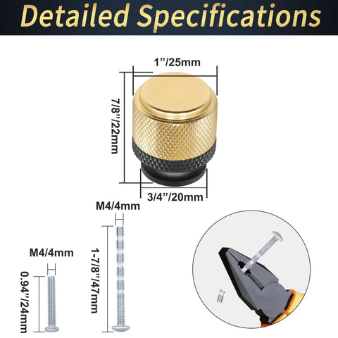 Detailed specifications of 12 Pack Knurled Cabinet Knobs and Drawer Pulls in Black and Gold with screws and installation instructions.