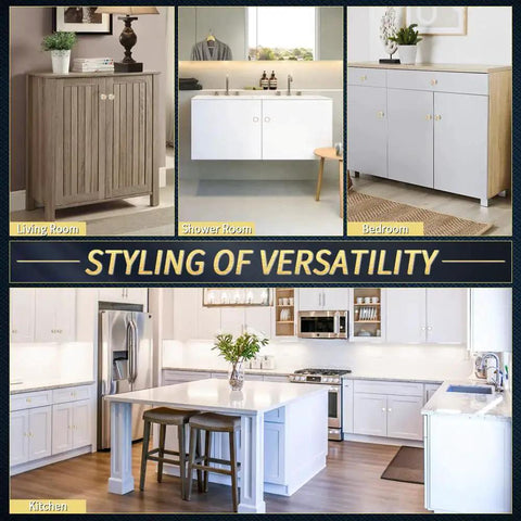 Versatile furniture with cabinet knobs in living room, shower room, bedroom, and kitchen settings.