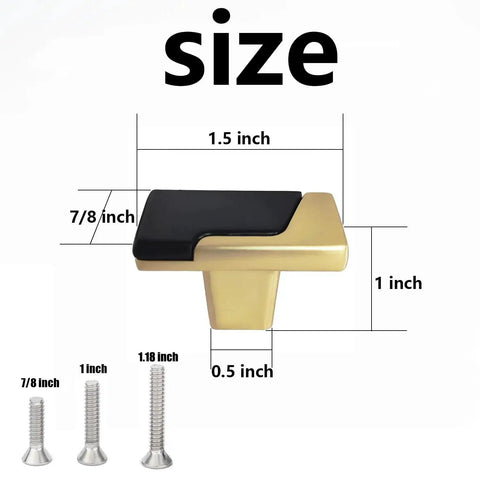 Six Pack Black and Gold Drawer Knobs 1.5 Inch Solid Zinc Cabinet Knobs with size dimensions and three included screws shown