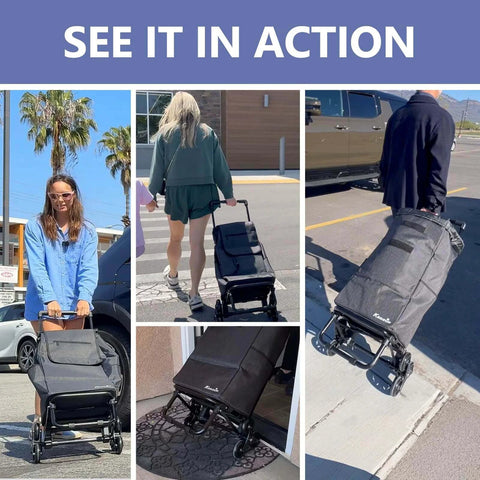 People using ✝️ 2 in 1 Grocery Cart on Wheels for Stairs, 60L/300LBS Shopping Carts for Groceries in various locations