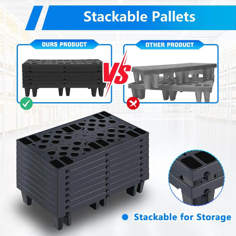 Heavy Duty Black Plastic Pallets 8 Pack Nestable HDPE Floor Pallets For Basement Storage And Shop Warehouse Garage Use Waterproof Anti Static Dust Resistant Lightweight Durable Pallets With Breathable Grid Surfaces