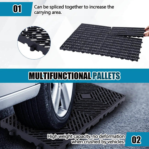 Car driving over black Six Pack Lightweight Plastic Pallets 23.6 X 11.8 X 1.18 Inches Moisture Proof Waterproof Floor Pallets