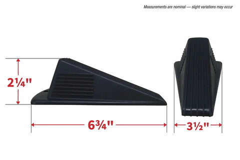 Side and front view of Heavy Duty Jumbo Door Wedge in black with measurements 6.75 in L, 3.5 in W, used for home and office with extra grip lip.