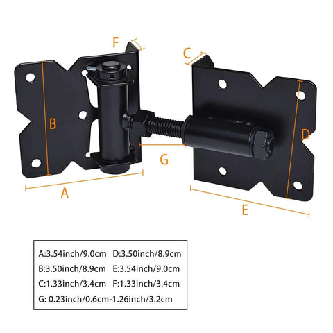 Black self closing gate hardware hinges heavy duty with measurements for wooden, vinyl, PVC fences, including installation screws.