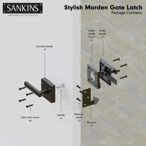 Beefy Black Heavy Duty Double Sided Gate Latch For Wooden Fence Self Locking Aluminum Gate Latch with installation screws shown