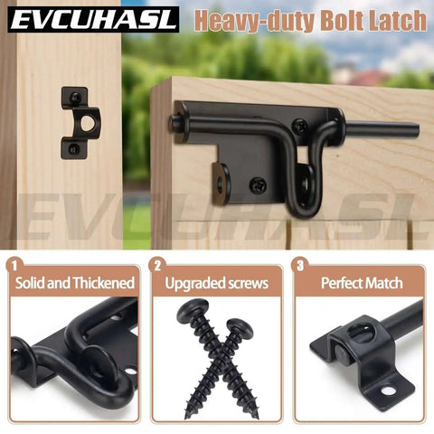 Heavy Duty Slide Bolt Gate Latch With Padlock Hole Bidirectional Door Lock Hardware in black finish, installed on wooden gate
