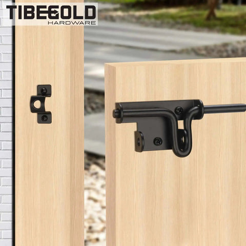 Built To Last Heavy Duty Slide Bolt Gate Latch With Padlock Hole installed on wooden gate, black powder-coated steel