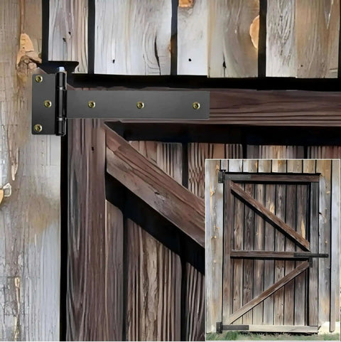 Beefy 12 Inch Heavy Duty T Strap Hinges Set Black Outdoor With 180 Degree Opening installed on wooden gate