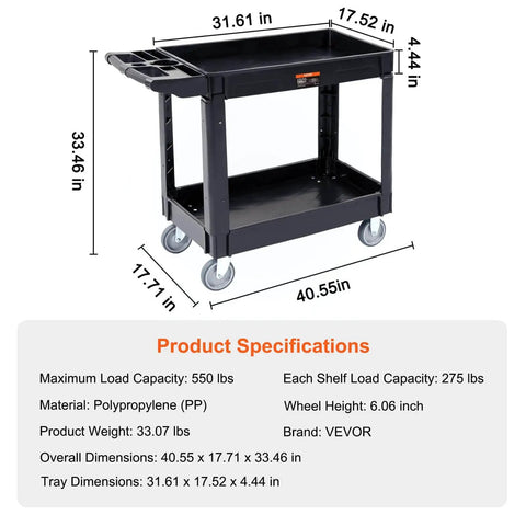 Beefed Up Heavy Duty 2 Shelf Utility Cart With 550 Lbs Capacity Plastic Rolling Service Cart Medium Lipped Shelves 360 Degree Swivel Wheels Ergonomic Storage Handle For Warehouse And Garage Black VEVOR