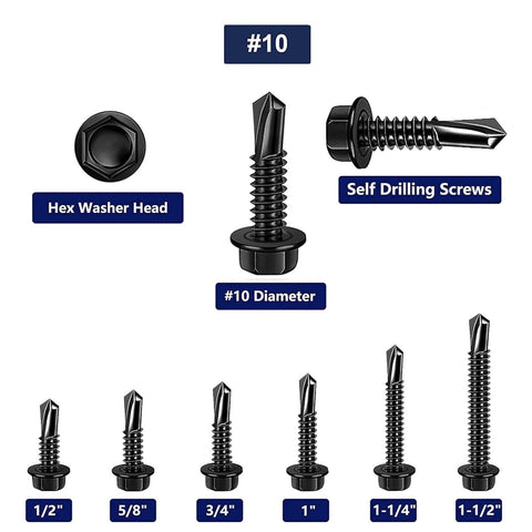 100pcs #10 x 3/4 Inch Hex Washer Head Self Drilling Screws made from 410 Stainless Steel with Black Oxide Finish for metal applications