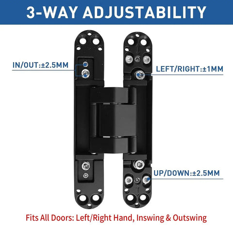 3-way adjustable Hidden Door Hinge Set Black 7 Inch 3D view with measurements shown, zinc alloy for secret and bookcase doors.