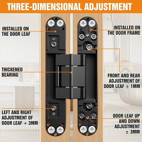 Invisible Door Slick Hidden Hinge Set Lipshome 7 Inch Concealed Hinges with 180 Degree Swing and 3-Way Adjustment Diagram
