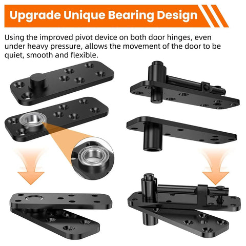 Premium Beefy Heavy Duty Hidden Door Pivot Hinge Kit for Secret Bookcase Doors showing unique bearing design, black hinges