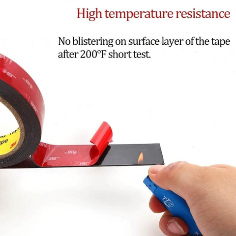 Test of the Double Sided Heavy Duty Mounting Tape For Indoor Outdoor Use, flame resisting surface with a lighter, red and black tape.