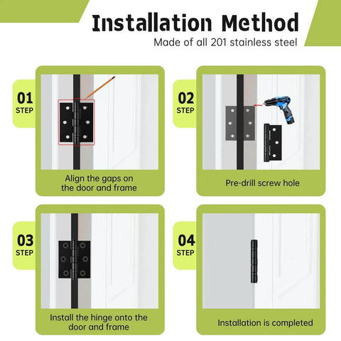 Installation steps for 6-Pack Black Door Hinges, 3 Inch Heavy Duty Stainless Steel Hinge for Interior Exterior Doors, Smooth and Quiet.