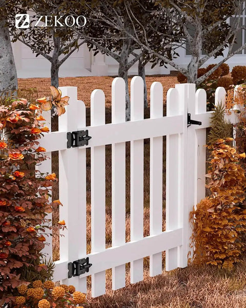 Stainless Steel Gate Hardware Kit With Self Closing Hinges And Latch For Vinyl And Wood Fences in use on white picket gate.