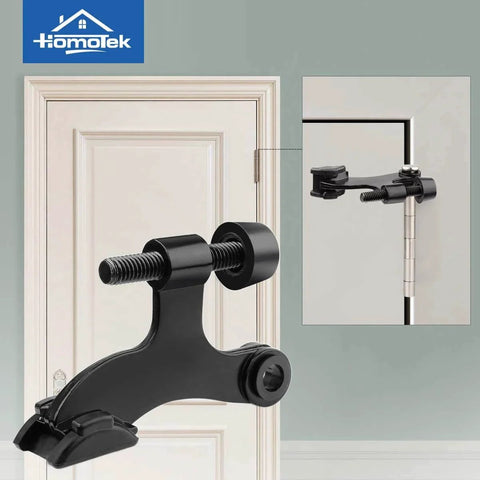 6 Pack Hinge Pin Black Door Stopper on white door, features adjustable black rubber bumper tips, heavy duty design 2-1/2"x1-3/4"